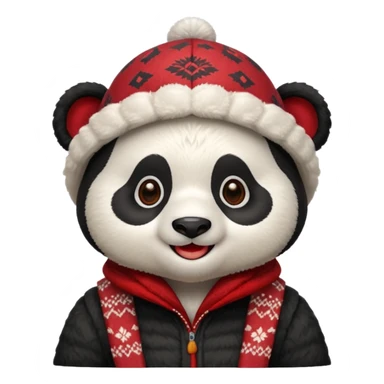 Photorealistic close-up of a cute, smiling panda wearing a red patterned winter trapper hat. Happy expression, cheerful vibe. Simple studio background. Detailed textures, sharp focus sticker