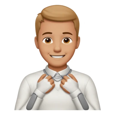 Man with hands gripped around neck crossed like he is choking while smiling sticker