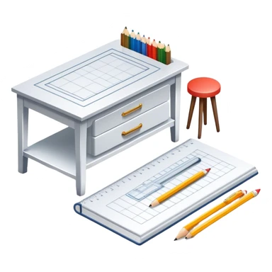 Icon for Furniture Design: a furniture drawing with 3D models of furniture pieces placed on top, accompanied by rulers and a pencil. The icon should represent the design process with focus on precision and modeling. Transparent background. sticker
