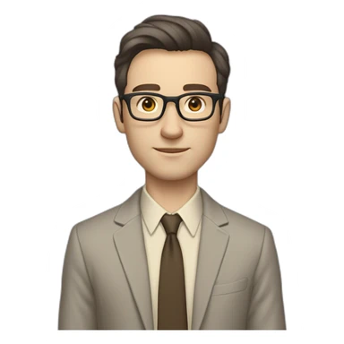 Full height Pale skinned Fit Man With dark brown hair in gray jacket, beige office shirt, tie, Brown pants and vintage glasses. Thrumbs of his palms directed up sticker