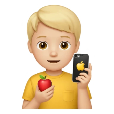A little kid holding a phone, apple style emoji, wearing a yellow shirt. sticker