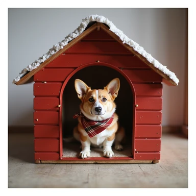 realistic red dog house with a Corgi dog inside, Corgi with a scarf, photorealistic style sticker