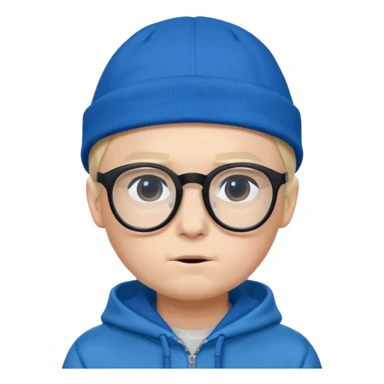 a shy boy wearing thick black glasses (nerd) and hide all his hair under a blue cap, wearing a normal hoodie (ios memoji) sticker