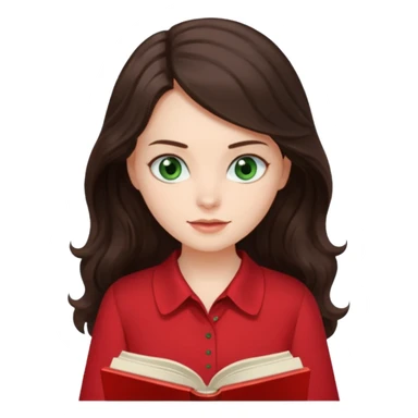 Long wavy dark brown haired, white skinned, dark green eyed girl in red blouse reading a book sticker