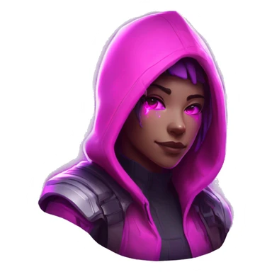 developer behind his laptop with  this style : crysis Cyberpunk Valorant neon glowing bright pink girl character dark pink purple white hooded assassin themed character sticker