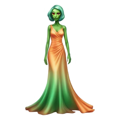 reptilian green alien woman, in long slim pastel orange formal party satin dress with gradient shiny sparkling dark red, full figure, full body sticker