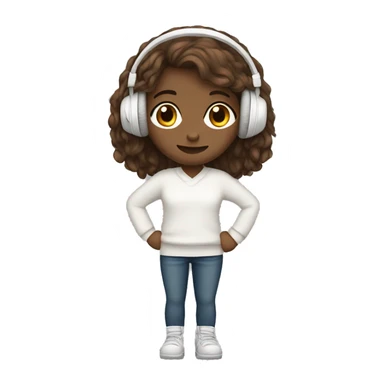 Brown long hair girl in a white sweater with white headphones  sticker