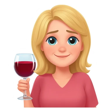 Happy girl, blond girl, mum, party vibe with a glass of red wine and tired sticker