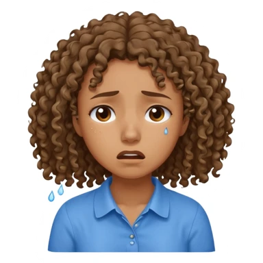 white young curly hair girl, brown hair, with a blue shirt, in despair crying sticker