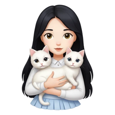 A beautiful girl with long black hair wearing a white skirt holds a cute white cat in her arms sticker