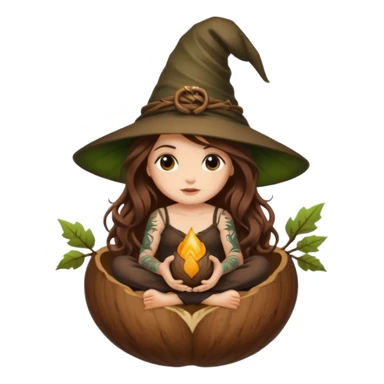 cute forest witch woman long wavy brown hair tattoos sitting inside acorn sticker