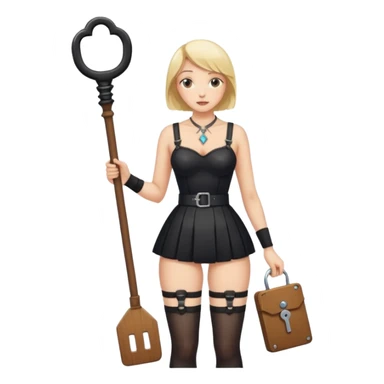 Dominatrix in stray black garter belt and stockings, wearing a house key on a necklace holding a small rectangular leather paddle sticker