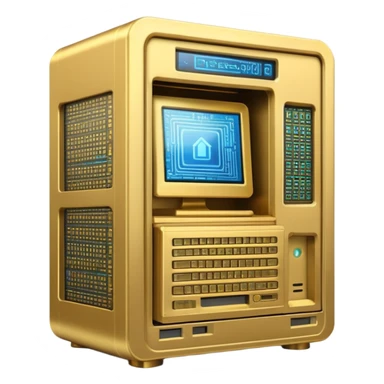 direct frontview golden ancient computer server with holographic screen above sticker