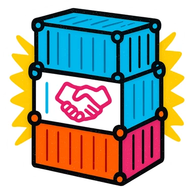 A fun and energetic icon of a stack of shipping containers with a partnership symbol, using colors #1E90FF, #F13816, and #FFFFFF sticker