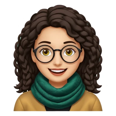 Emoji estilo WhatsApp de una mujer sonriente con rostro ovalado, piel semi oscura, ojos grandes y oscuros, cejas gruesas arqueadas, gafas grandes redondeadas, rizos voluminosos negros, bufanda colorida y expresión tierna. Colores limpios, contornos suaves y fondo transparente. sticker