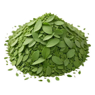 pile of finely crumbled green herb flakes, irregular airy shape, dusty uneven texture, natural color variation from sage to dark green, no extras, apple emoji style, soft lighting, subtle shadows, emoji scale sticker