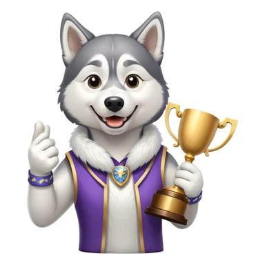 Triumphant husky dog with trophy sticker