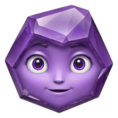 One amethyst-purple faceted rock head character, chunky and rock-like, with irregular facets and a few visible chips, big glossy eyes looking slightly up and a gentle smile, 3D render, high detail, soft rim light, isolated on dark background. sticker