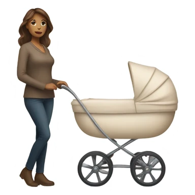 beautiful mother with brown hair. next to beige baby carriage sticker
