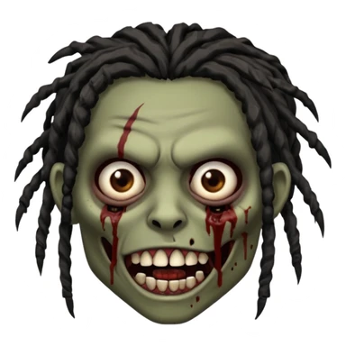 zombie with brown skin, messy black dreads hair, wide centered brown eyes, dark bloody marks under the eyes, and a slightly open mouth showing crooked teeth grillz, giving a distressed, undead look. sticker