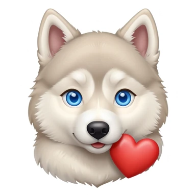 Beige husky with blue eyes holding a big heart sticker