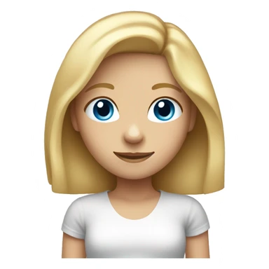 girl with shoulder-length blond hair, from afar, with blue eyes and a smile sticker