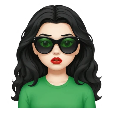 current charli xcx with her long black wavy hair, thick black-out sunglasses that hide her eyes completely, pale skin, pouting closed lips, and a bright green top that said 'brat' in the brat font. sticker