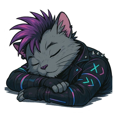  a anthro cat laying down his head to nap, punk gothic style, futuristic cyberwave cyberpunk, resting his head on his arms, head tilted sideways, light gray cata sticker