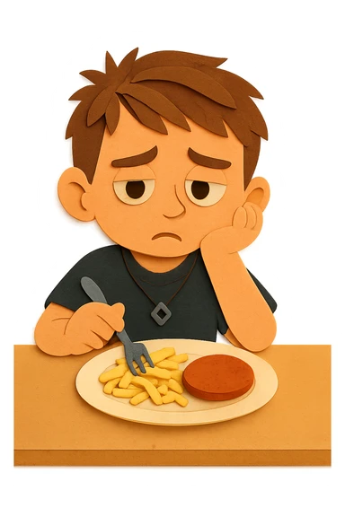 Now he looks slightly worried — he was told that if he doesn't eat protein, he might not grow up. sticker