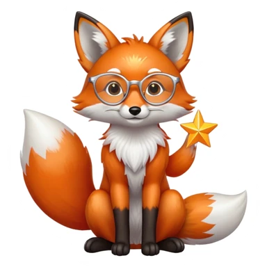 A kind fox with shimmering fur, a glowing tail, a silver star on its forehead, and round glasses, sitting with its front paws together in a thankful gesture sticker