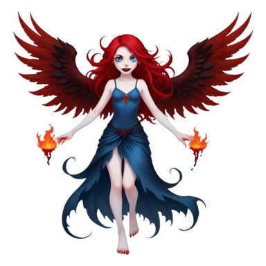 full body portrait of an extremely diabolical girl with pale white skin, massive towering wings, very long flowing blood red hair, glowing blue eyes, evil grin, no accessories, with swirling red and black smog/smoke at the bottom of her feet sticker