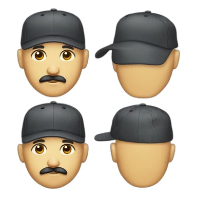 shaved head in five-panel cap with mustache sticker