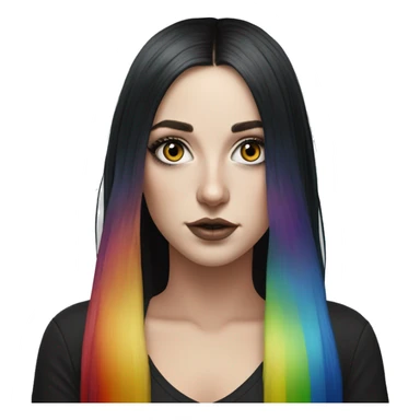 Hyperrealistic white girl with blue eyes and long black hair with rainbow fringe. Wearing black crop top and has dark eye makeup on her eyes sticker