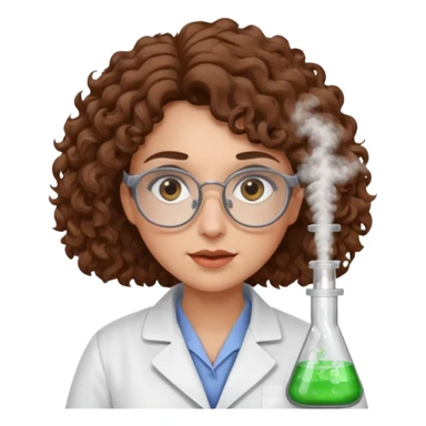 A crazy female scientist, with curly brown hair, brown eyes and grey glasses sticker