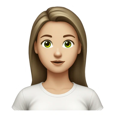A white girl with green eyes and loose brown hair in a white T-shirt sticker