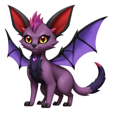 Black edgy Noivern-Noibat-Purloin-Torracat-Lykoi-Caracal-cat-Fakemon-fusion-hybrid-creature with with tufted ears, tufted tail, bat wings as ears, head wings, ear wings, vampiric, batty, violet and red scale markings sticker