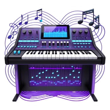Create a professional and artistic emoji that represents sound design. The design should feature essential sound design equipment, including a high-end Korg synthesizer, a sound mixing console with visible wires, large studio speakers, and a microphone. Surround the equipment with flowing, abstract sound waves and musical notes to symbolize the fluid, creative nature of sound design. Add subtle effects like glowing sound frequencies or swirling patterns to represent the dynamic manipulation of sound. Use sleek, modern colors like black, silver, neon blue, and purple to evoke a sense of innovation and artistic exploration. The background should be transparent. sticker