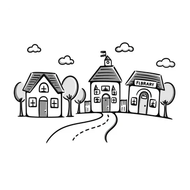 English learning material: hand drawn doodle style illustration of common places in town, labeled, with a road and trees sticker