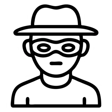 cartoon thief with mask and hat icon, simple shapes, bold outline, app icon sticker