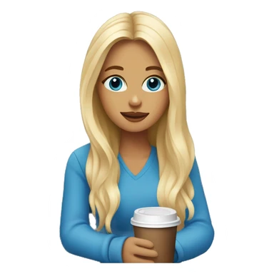 blonde girl with long hair and blue eyes sitting outside a coffee shop with a coffee  sticker