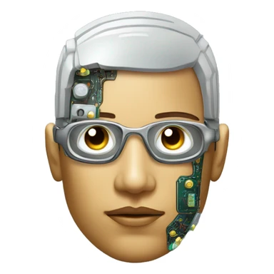 Male cyborg head with metallic skin, flat top, rectangular glasses and circuits sticker