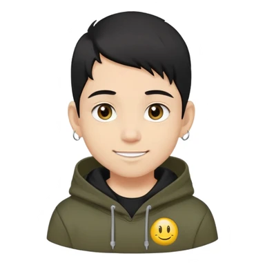 boy with military cut black hair, brown eyes, wearing 2 circle earrings and a black hoodie with a smiley face sticker
