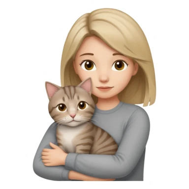 Une femme avec les cheveux dégradée, brun clair et blond, qui fait un câlin à son chat gris, tigré  sticker