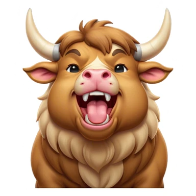 Cinematic Cute Yawning Domestic Bull Portrait Emoji, Head tilted slightly with a dramatic, wide-open yawn, showcasing a robust, muscular frame with a soft, downy coat and subtly drooping horns, round eyes barely open in drowsy contentment, Simplified yet irresistibly adorable features, highly detailed, glowing with a soft, cozy natural glow, high shine, relaxed yet expressive, stylized with a dash of rustic whimsy, soft glowing outline, capturing the essence of a sleepy yet affectionate domestic bull that seems ready to stretch out and settle for a nap! sticker