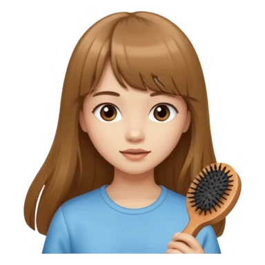a girl with light skin and medium brown long hair with bangs who is brushing her hair with a hairbrush sticker