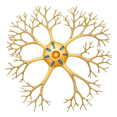 A unilateral scientifically accurate nerve cell with the 3 main components, dendrites on the cell body on one side , a long axon and a few dendrites at the other side. Not a spherical or round nerve cell, a long body nerve cell sticker