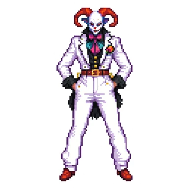 full-body demonic clown in a white leisure suit with bellbottom pants, bald, with black ram horns, flashy belt, ruffled shirt, no neck tie sticker