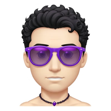shirtless male athlete with white skin and moderately curly black hair on top with shaved sides, wearing purple sunglasses with black tinted lenses and a shiny black necklace sticker