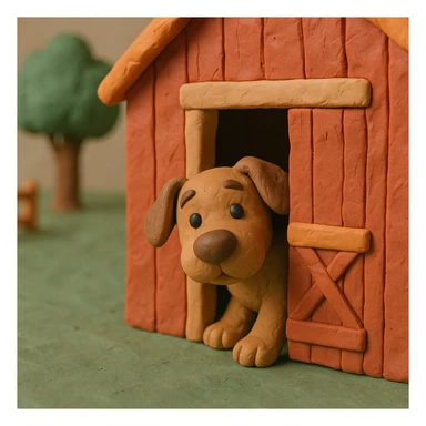 dog peeking out of a barn door, playful and cute, hand-molded details, claymation style sticker