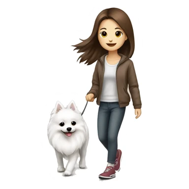Japanese spitz dog walk with brown hair girl sticker